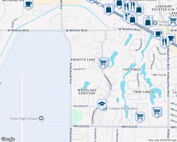 map of restaurants, bars, coffee shops, grocery stores, and more near 7215 Galahad Circle in Oklahoma City