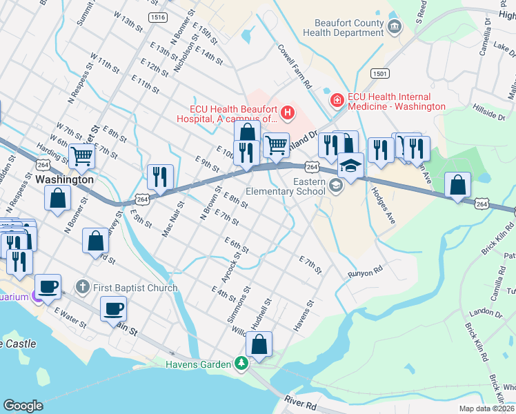map of restaurants, bars, coffee shops, grocery stores, and more near 715 East 9th Street in Washington