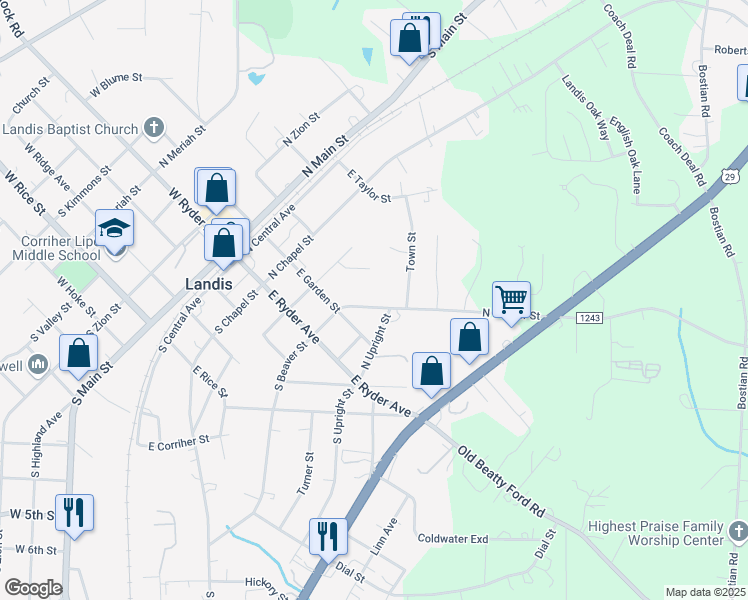 map of restaurants, bars, coffee shops, grocery stores, and more near 219 North Beaver Street in Landis