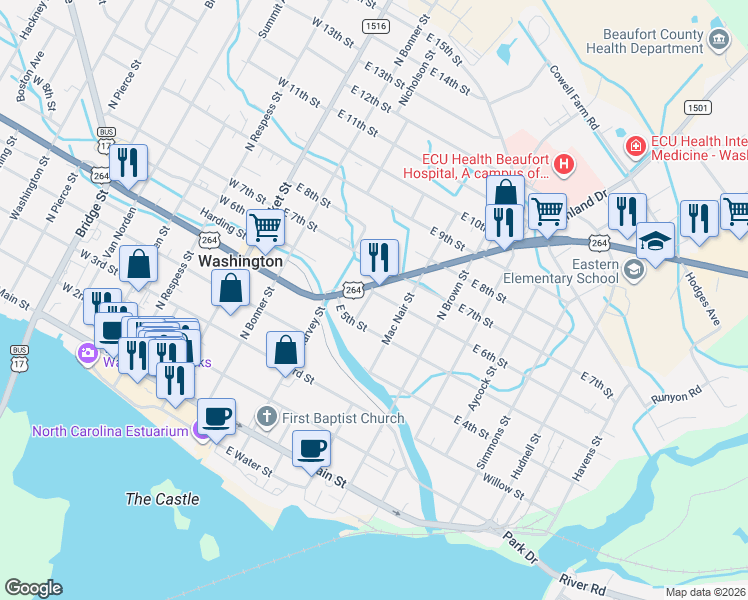 map of restaurants, bars, coffee shops, grocery stores, and more near 607 John Small Avenue in Washington