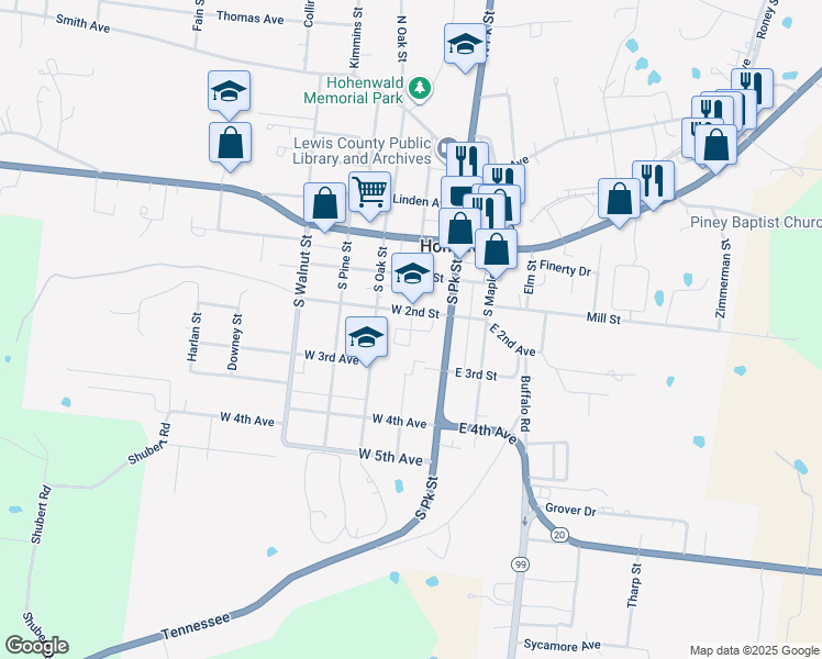 map of restaurants, bars, coffee shops, grocery stores, and more near 200 South Court Street in Hohenwald