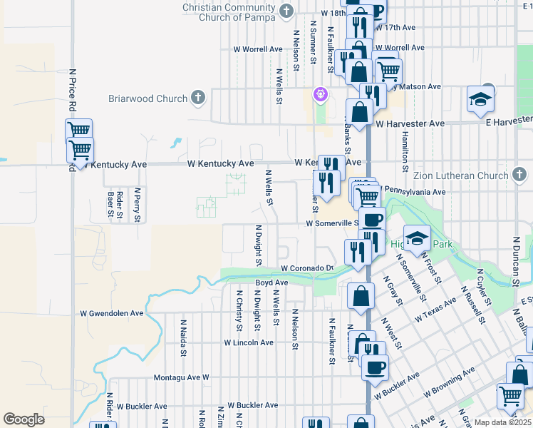 map of restaurants, bars, coffee shops, grocery stores, and more near 1200 North Wells Street in Pampa