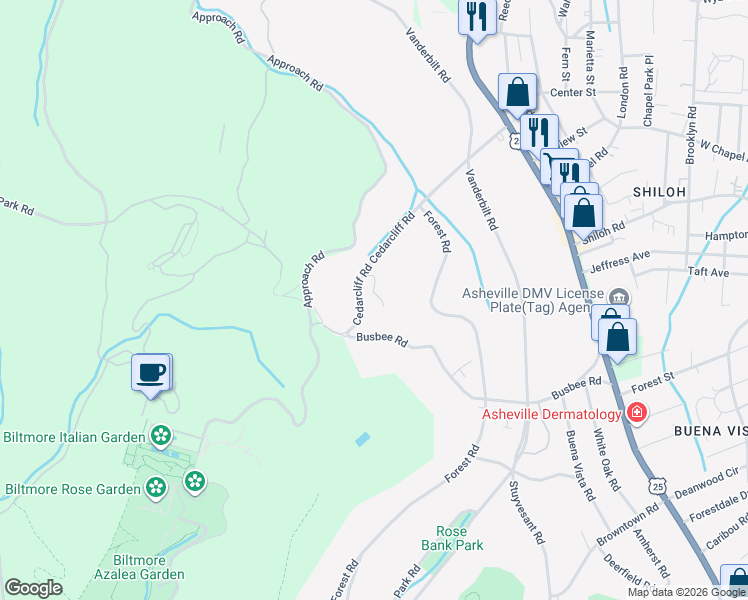 map of restaurants, bars, coffee shops, grocery stores, and more near 30 Cedarcliff Road in Biltmore Forest