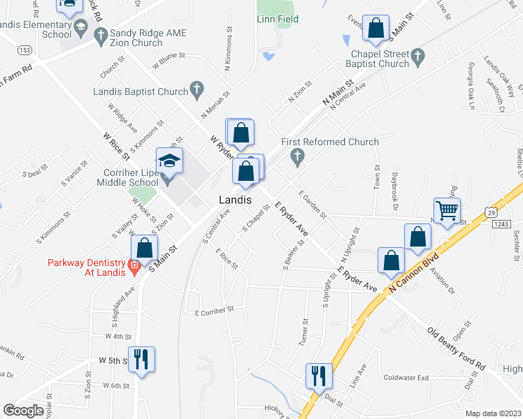map of restaurants, bars, coffee shops, grocery stores, and more near 108 South Chapel Street in Landis