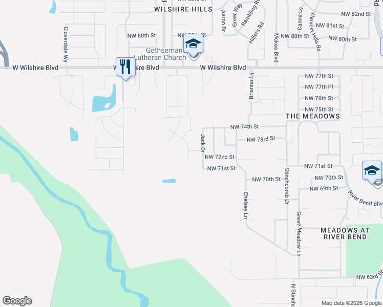 map of restaurants, bars, coffee shops, grocery stores, and more near 7313 Jack Drive in Oklahoma City