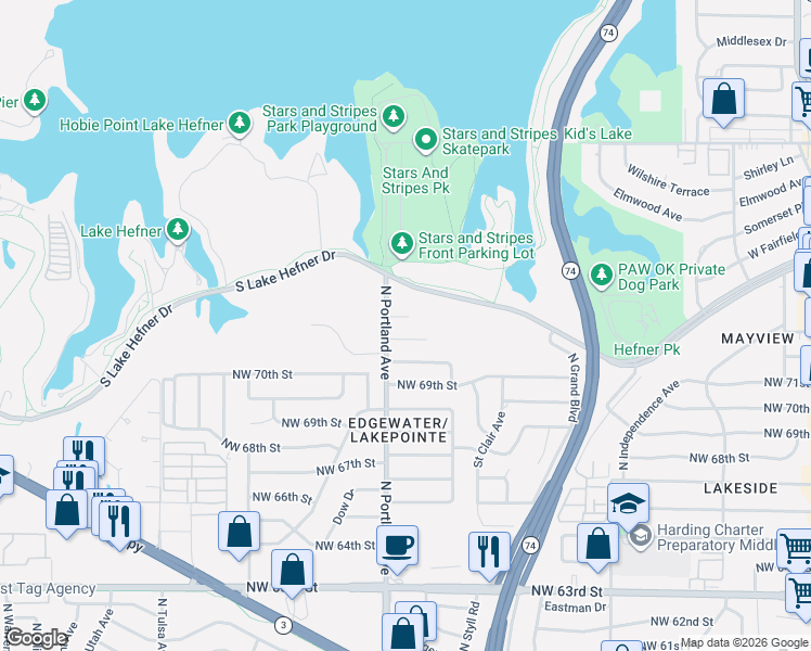 map of restaurants, bars, coffee shops, grocery stores, and more near 3601a Northwest 72nd Street in Oklahoma City