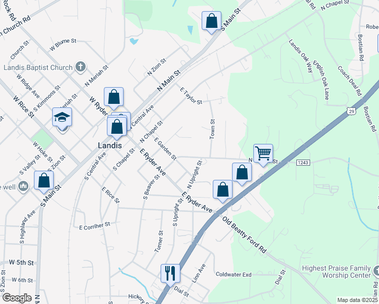 map of restaurants, bars, coffee shops, grocery stores, and more near 215 North Beaver Street in China Grove