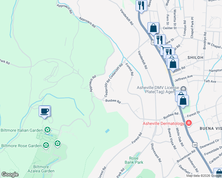 map of restaurants, bars, coffee shops, grocery stores, and more near 30 Cedarcliff Road in Biltmore Forest