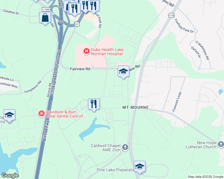 map of restaurants, bars, coffee shops, grocery stores, and more near 121 Irving Avenue in Mooresville