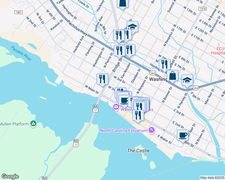 map of restaurants, bars, coffee shops, grocery stores, and more near 411 West 2nd Street in Washington