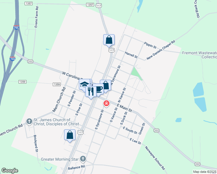 map of restaurants, bars, coffee shops, grocery stores, and more near 201 North Sycamore Street in Fremont