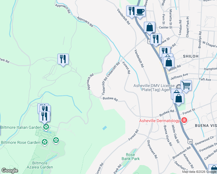 map of restaurants, bars, coffee shops, grocery stores, and more near 30 Cedarcliff Road in Biltmore Forest