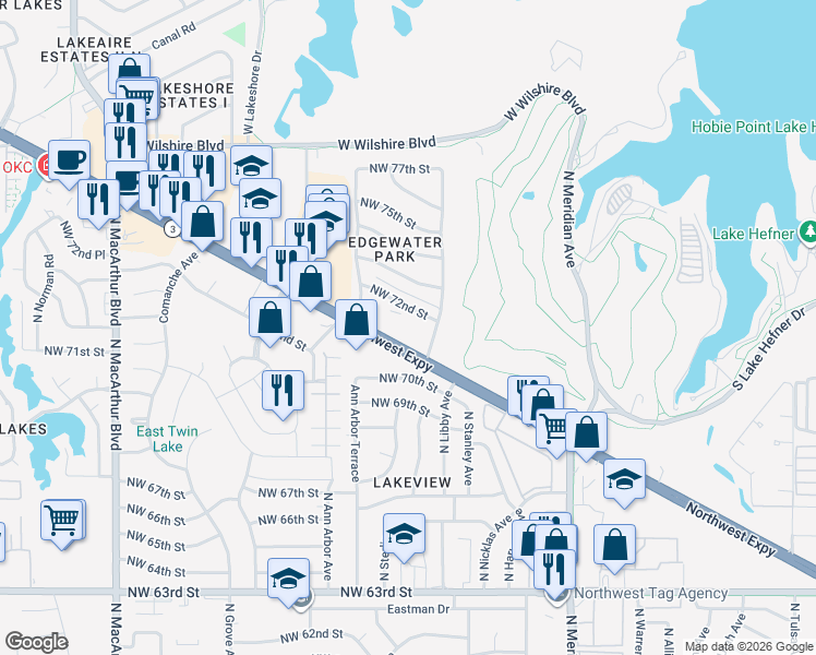 map of restaurants, bars, coffee shops, grocery stores, and more near 4825 Northwest Expressway in Oklahoma City