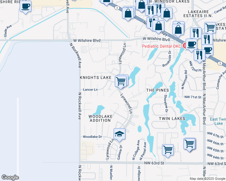 map of restaurants, bars, coffee shops, grocery stores, and more near 7303 Lyrewood Lane in Oklahoma City
