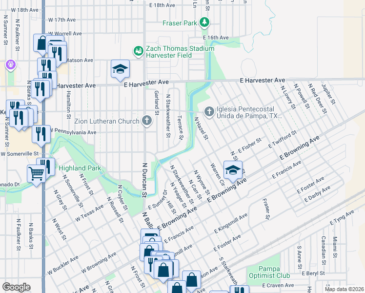 map of restaurants, bars, coffee shops, grocery stores, and more near Hike & Bike Trail in Pampa