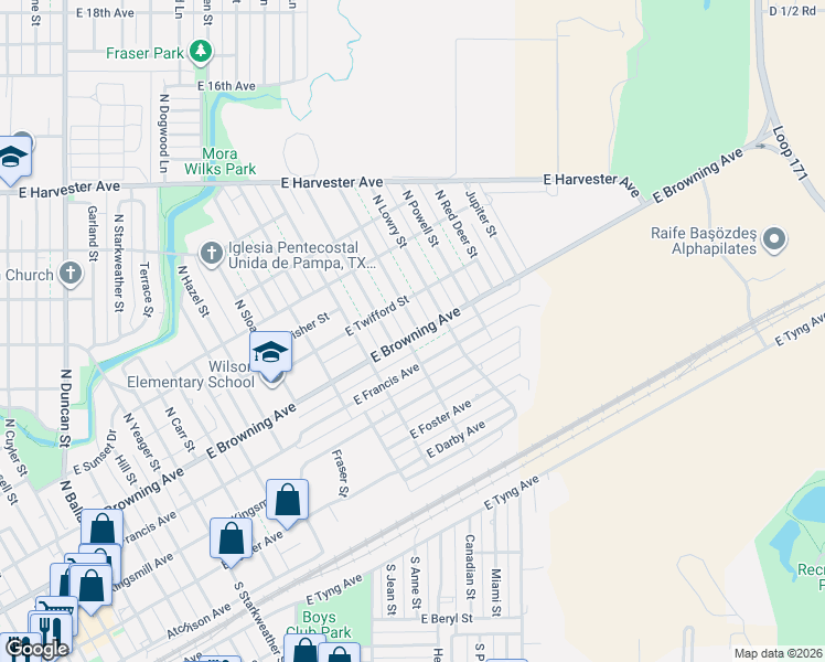 map of restaurants, bars, coffee shops, grocery stores, and more near 401 North Doucette Street in Pampa