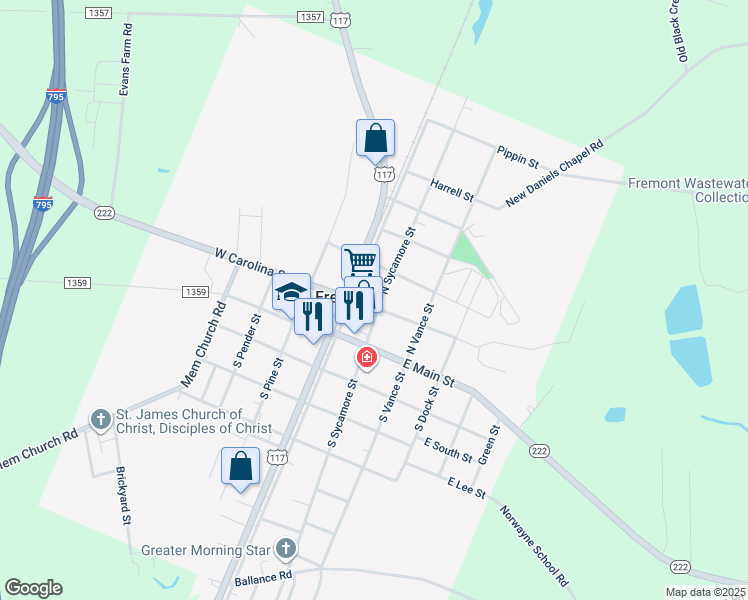 map of restaurants, bars, coffee shops, grocery stores, and more near 201 North Sycamore Street in Fremont