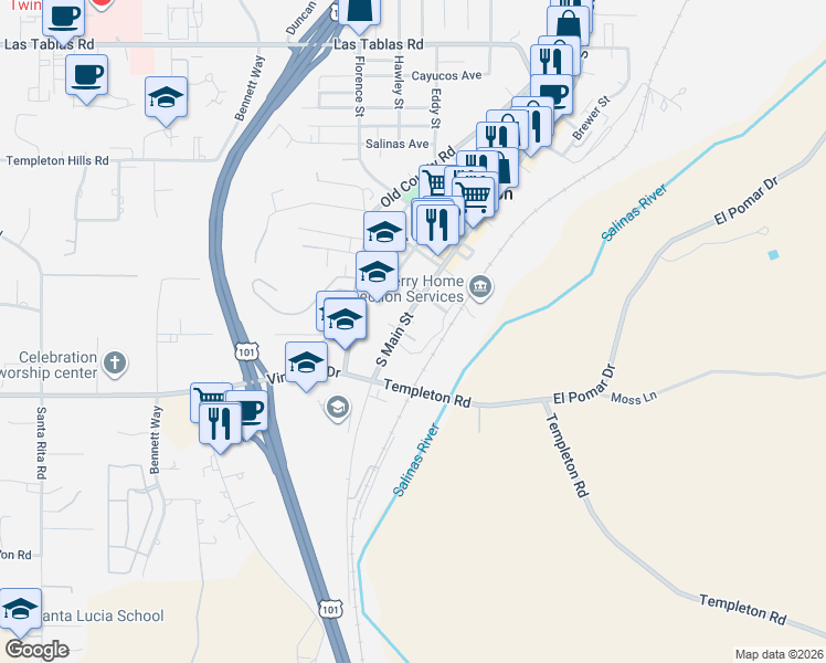 map of restaurants, bars, coffee shops, grocery stores, and more near 65 Corrietta Court in Templeton
