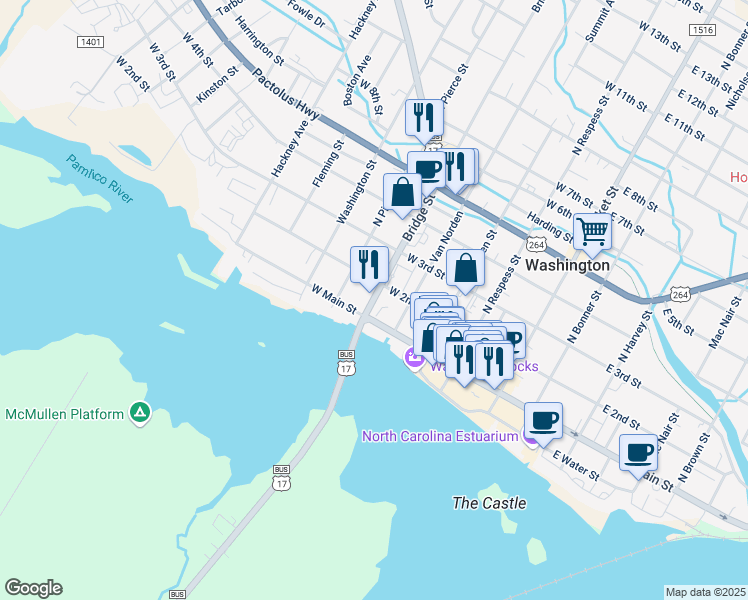map of restaurants, bars, coffee shops, grocery stores, and more near in Washington