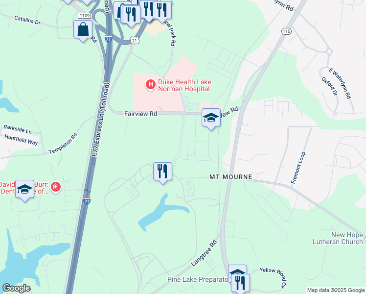 map of restaurants, bars, coffee shops, grocery stores, and more near 129 Irving Avenue in Mooresville