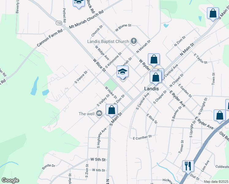 map of restaurants, bars, coffee shops, grocery stores, and more near 214 West Hoke Street in Landis