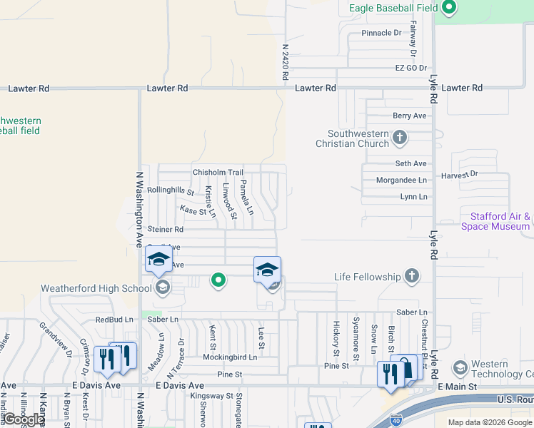 map of restaurants, bars, coffee shops, grocery stores, and more near 1809 Lark Street in Weatherford