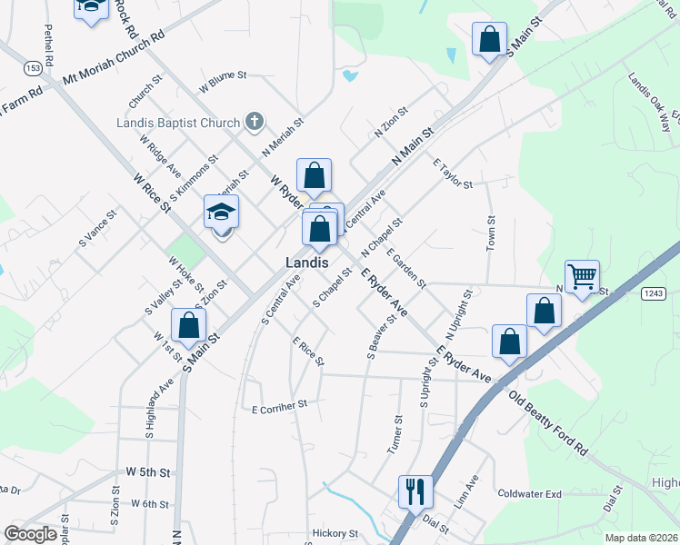 map of restaurants, bars, coffee shops, grocery stores, and more near 209 East Mill Street in Landis
