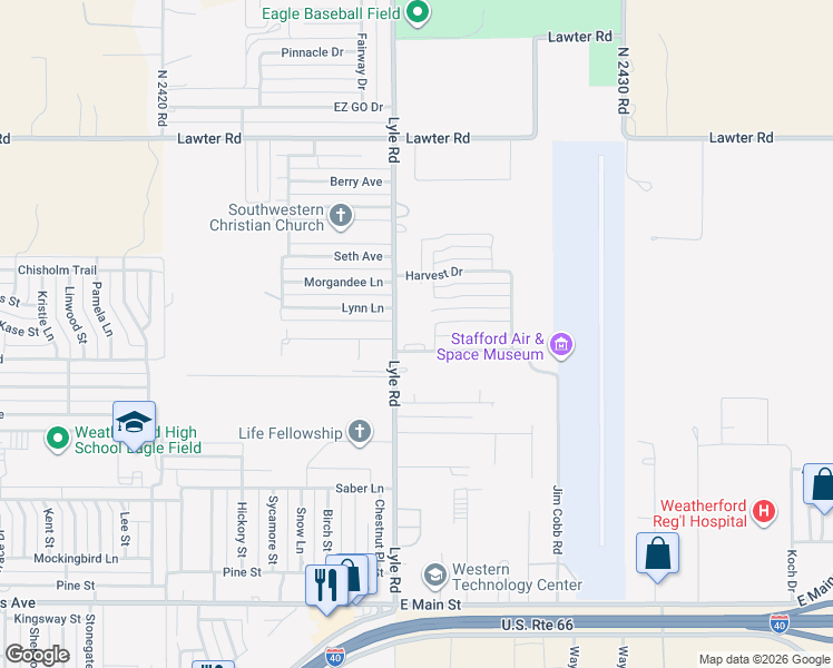 map of restaurants, bars, coffee shops, grocery stores, and more near 2200 Lyle Road in Weatherford