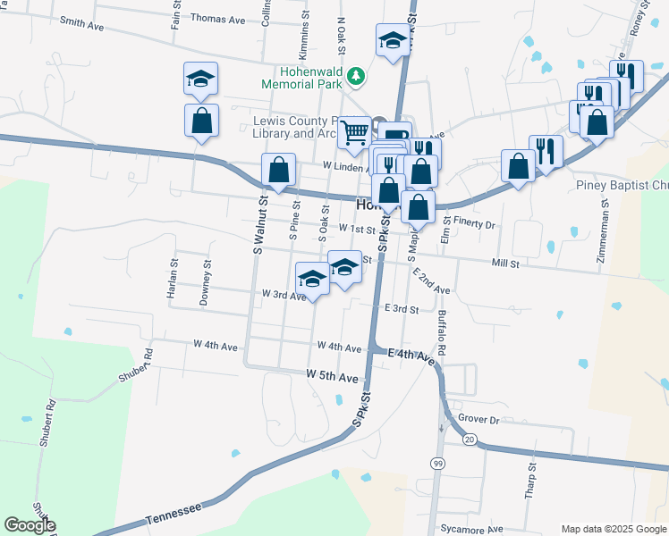 map of restaurants, bars, coffee shops, grocery stores, and more near 200 South Court Street in Hohenwald
