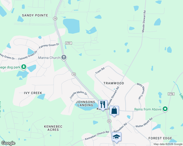map of restaurants, bars, coffee shops, grocery stores, and more near 2945 Tram Road in Fuquay-Varina