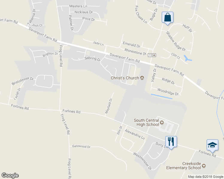 map of restaurants, bars, coffee shops, grocery stores, and more near 2302 Mayfield Drive in Winterville