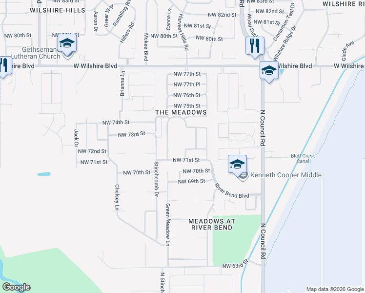 map of restaurants, bars, coffee shops, grocery stores, and more near 7217 Winding Meadow Lane in Oklahoma City