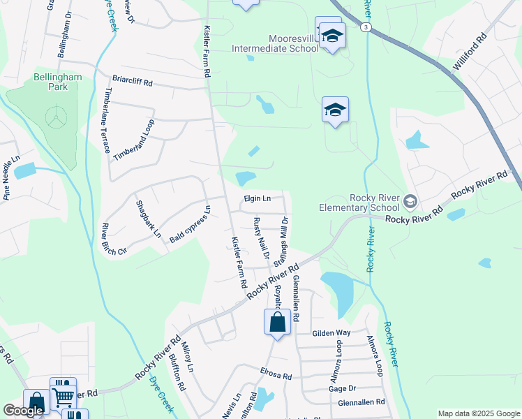 map of restaurants, bars, coffee shops, grocery stores, and more near 129 Sawhorse Drive in Mooresville