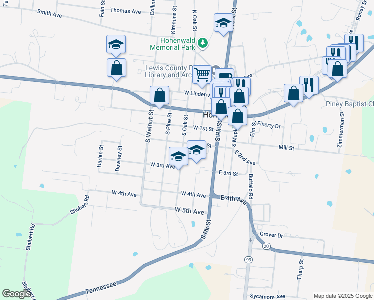 map of restaurants, bars, coffee shops, grocery stores, and more near 205 S Oak St in Hohenwald