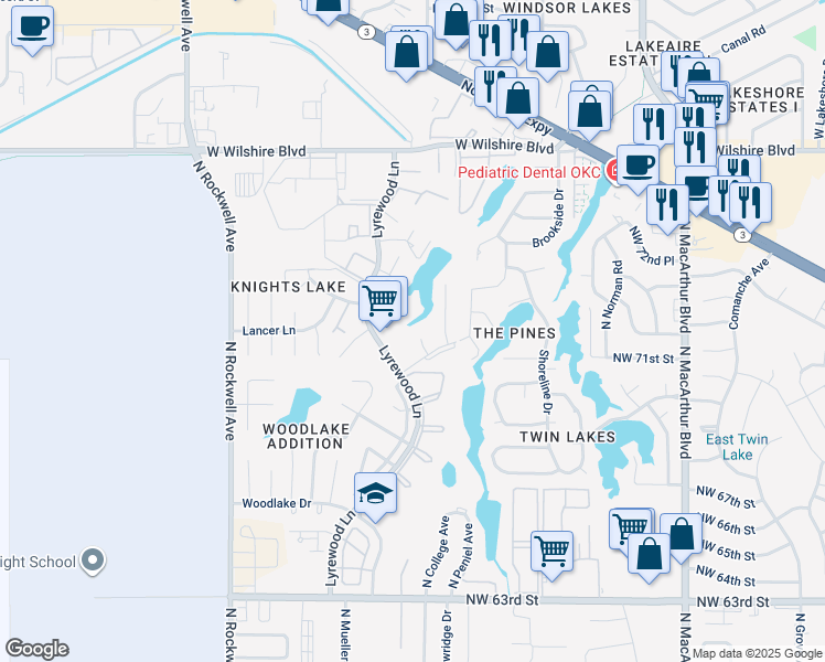 map of restaurants, bars, coffee shops, grocery stores, and more near 7210 Lakewood Circle in Oklahoma City