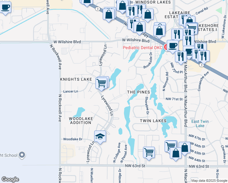 map of restaurants, bars, coffee shops, grocery stores, and more near 7210 Lakewood Circle in Oklahoma City