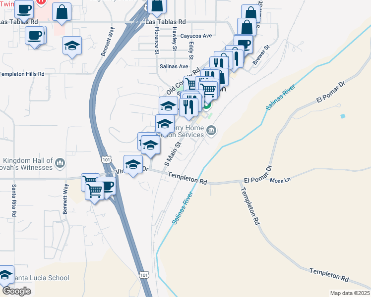 map of restaurants, bars, coffee shops, grocery stores, and more near 59 8th Street in Templeton