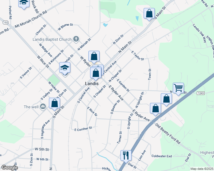 map of restaurants, bars, coffee shops, grocery stores, and more near 300 East Ryder Avenue in Landis