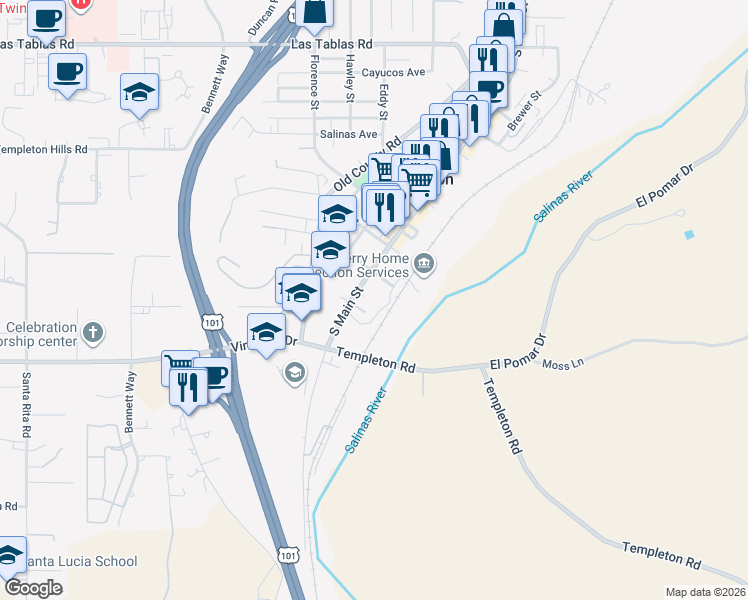 map of restaurants, bars, coffee shops, grocery stores, and more near 59 8th Street in Templeton