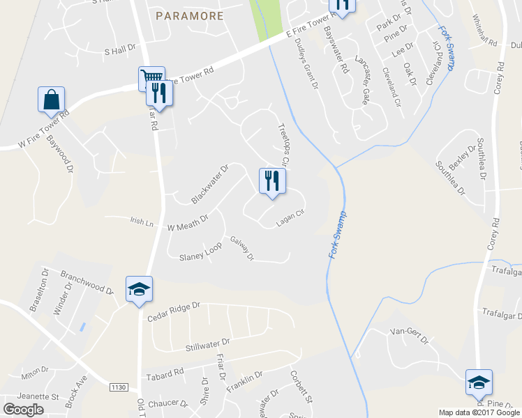 map of restaurants, bars, coffee shops, grocery stores, and more near 305 Boyne Way in Winterville