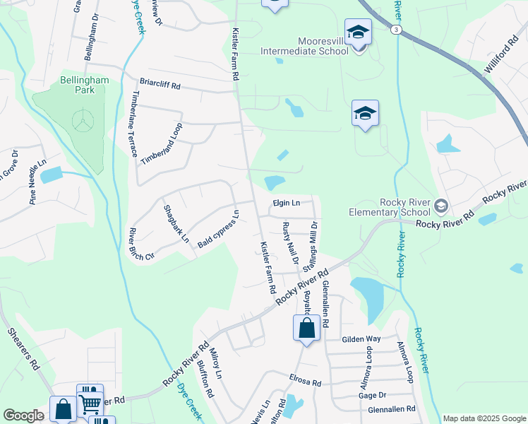 map of restaurants, bars, coffee shops, grocery stores, and more near 103 Elgin Lane in Mooresville