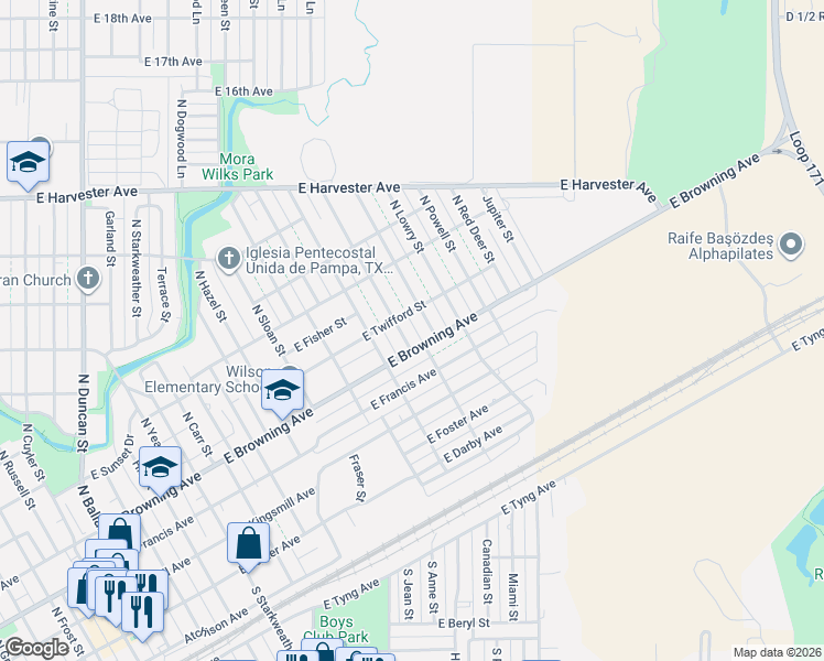 map of restaurants, bars, coffee shops, grocery stores, and more near 401-499 North Doucette Street in Pampa