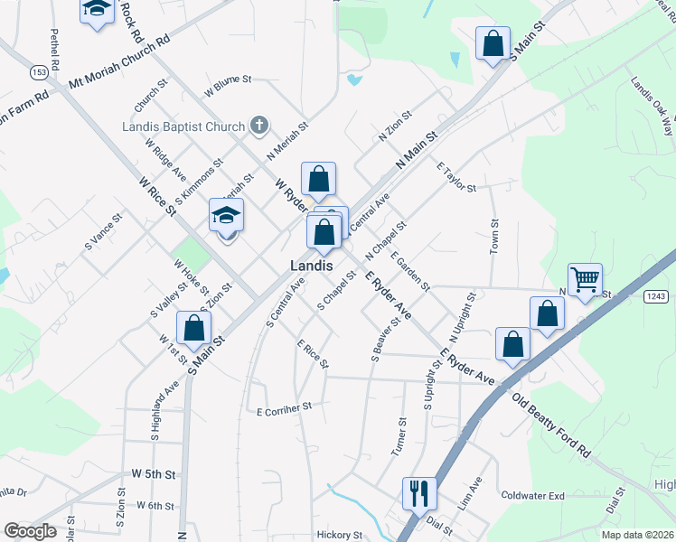 map of restaurants, bars, coffee shops, grocery stores, and more near 209 East Mill Street in Landis