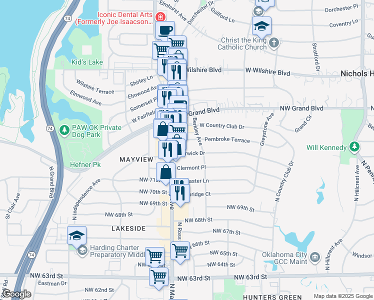 map of restaurants, bars, coffee shops, grocery stores, and more near 2819 Warwick Drive in Oklahoma City