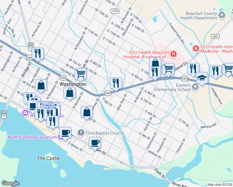 map of restaurants, bars, coffee shops, grocery stores, and more near 607 John Small Avenue in Washington