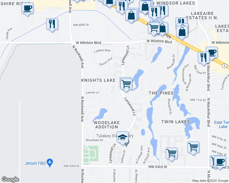 map of restaurants, bars, coffee shops, grocery stores, and more near 7303 Lyrewood Lane in Oklahoma City