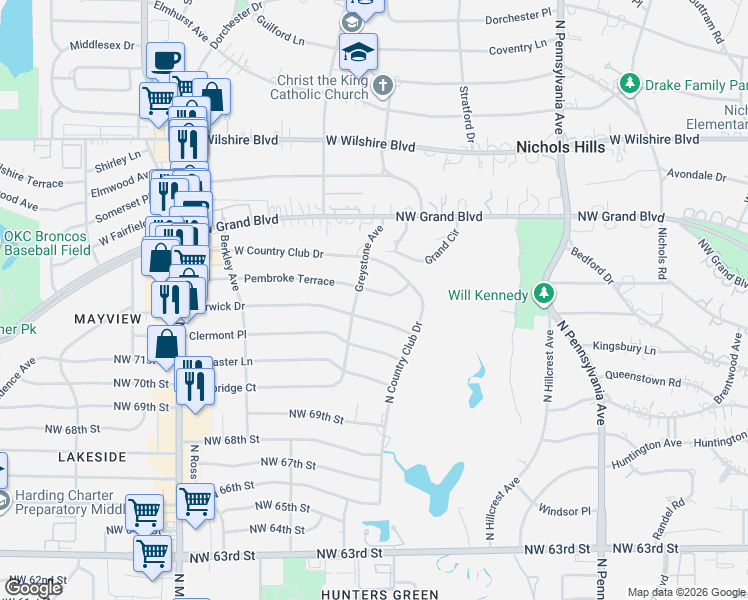 map of restaurants, bars, coffee shops, grocery stores, and more near 2516 Pembroke Terrace in Oklahoma City