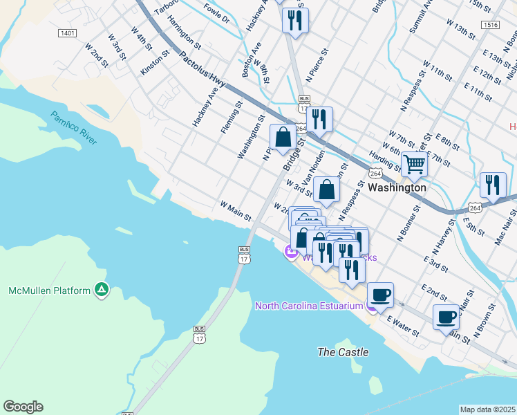 map of restaurants, bars, coffee shops, grocery stores, and more near 120 Bridge Street in Washington