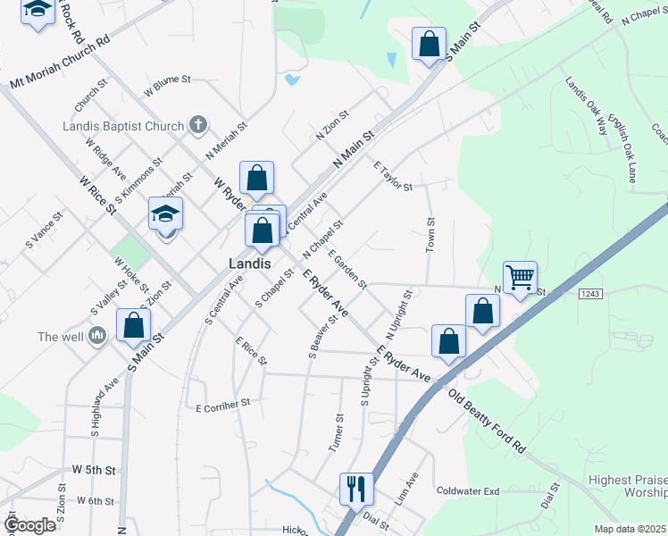 map of restaurants, bars, coffee shops, grocery stores, and more near 113 North Correll Street in Landis