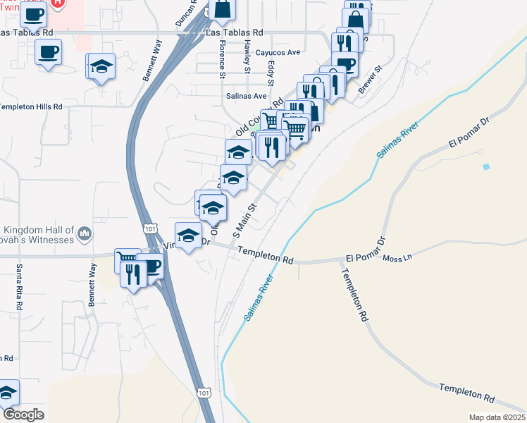 map of restaurants, bars, coffee shops, grocery stores, and more near 59 8th Street in Templeton